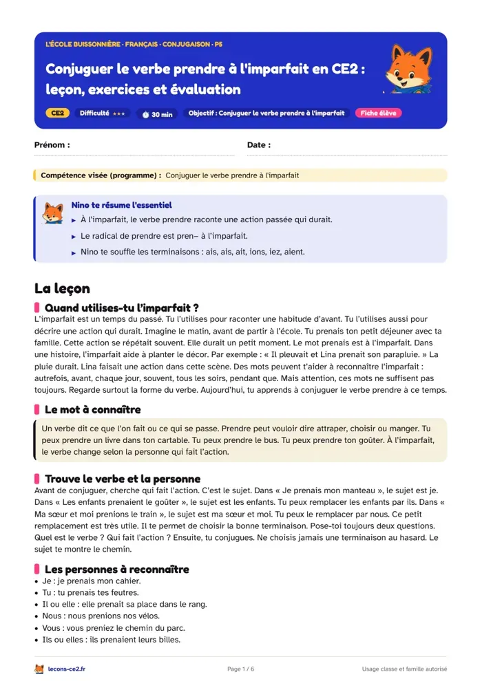 Aperçu de la fiche « Conjuguer le verbe prendre à l'imparfait en CE2 : leçon, exercices et évaluation » en PDF