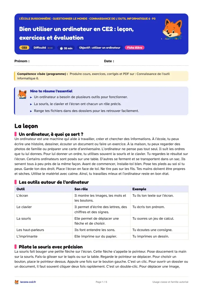 Aperçu de la fiche « Bien utiliser un ordinateur en CE2 : leçon, exercices et évaluation » en PDF