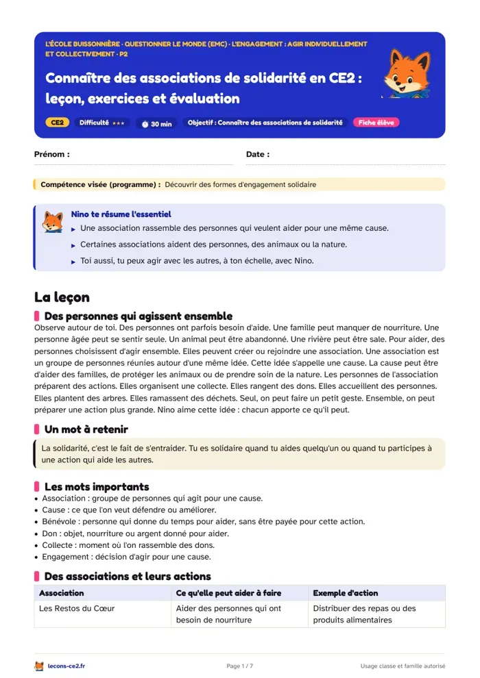 Aperçu de la fiche « Connaître des associations de solidarité en CE2 : leçon, exercices et évaluation » en PDF