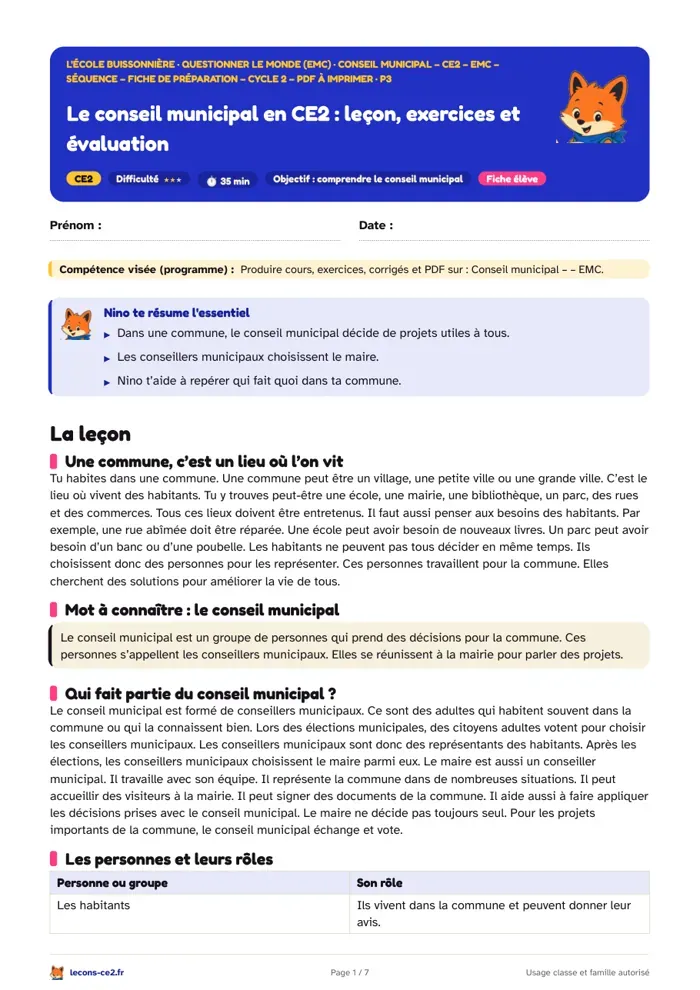 Aperçu de la fiche « Le conseil municipal en CE2 : leçon, exercices et évaluation » en PDF