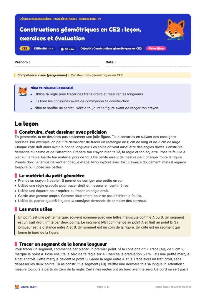 Aperçu de la fiche « Constructions géométriques en CE2 : leçon, exercices et évaluation » en PDF