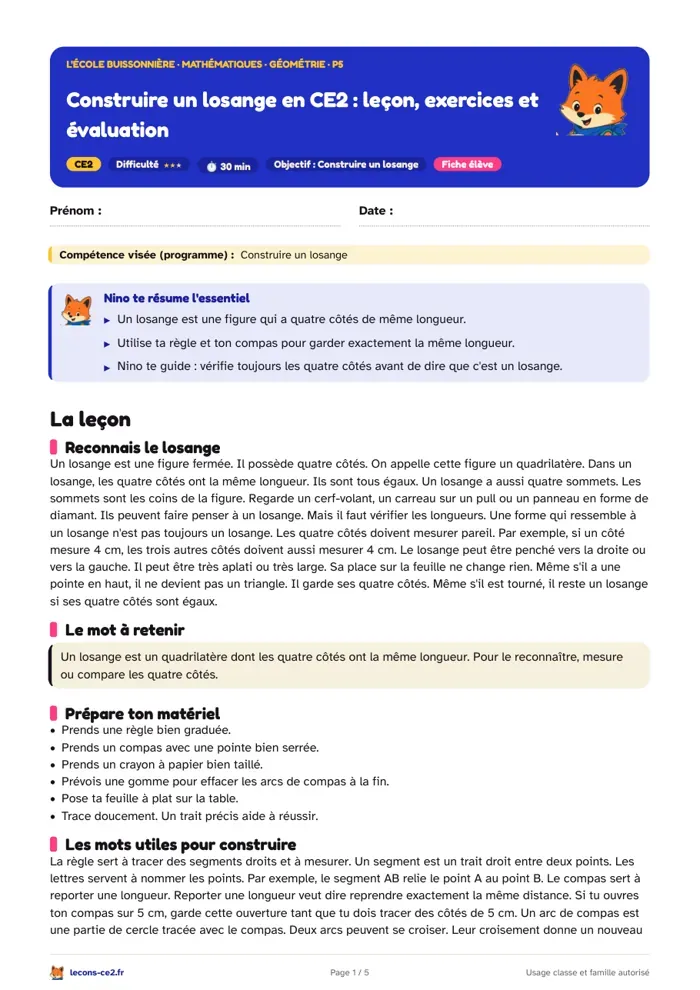 Aperçu de la fiche « Construire un losange en CE2 : leçon, exercices et évaluation » en PDF