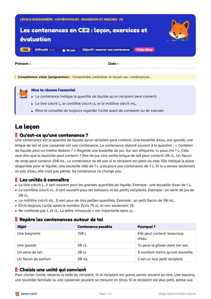 Aperçu de la fiche « Les contenances en CE2 : leçon, exercices et évaluation » en PDF