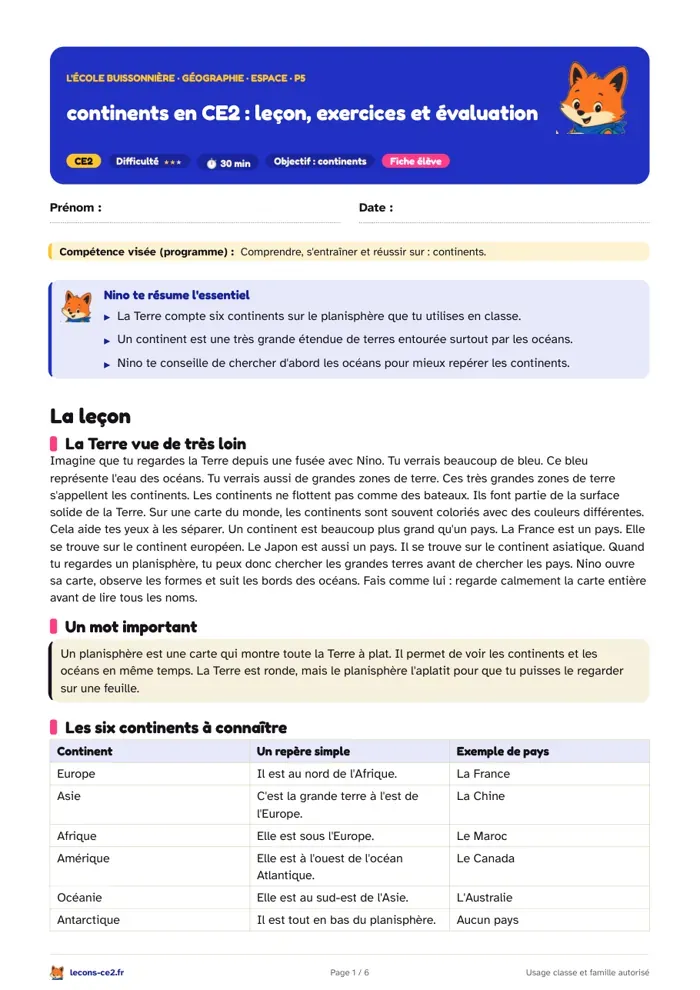 Aperçu de la fiche « Les continents en CE2 : leçon, exercices et évaluation » en PDF