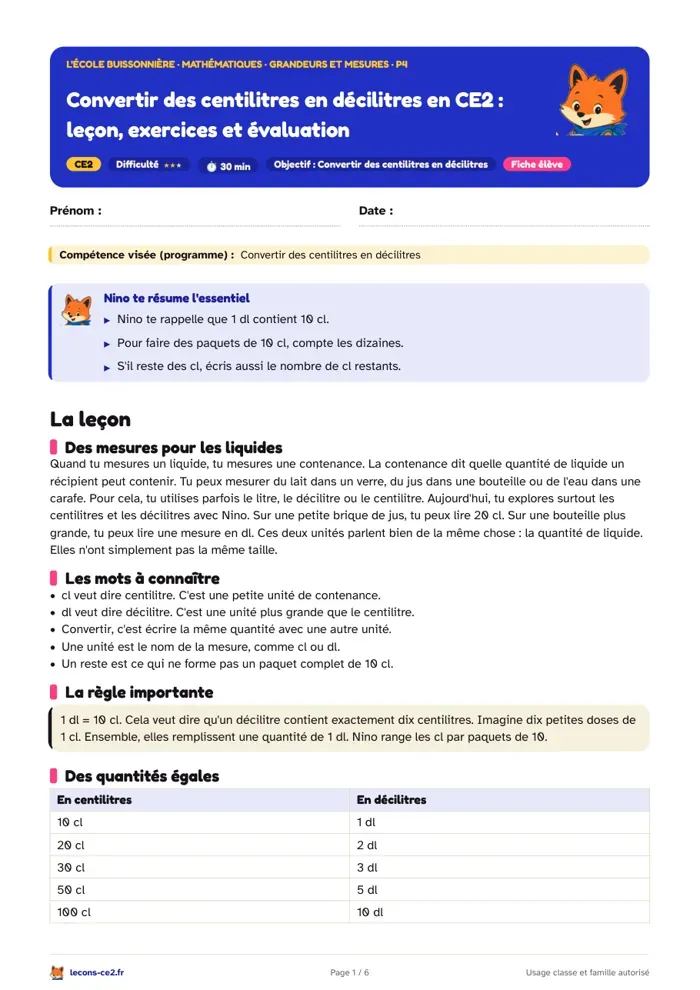 Aperçu de la fiche « Convertir des centilitres en décilitres en CE2 : leçon, exercices et évaluation » en PDF