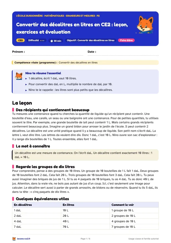 Aperçu de la fiche « Convertir des décalitres en litres en CE2 : leçon, exercices et évaluation » en PDF