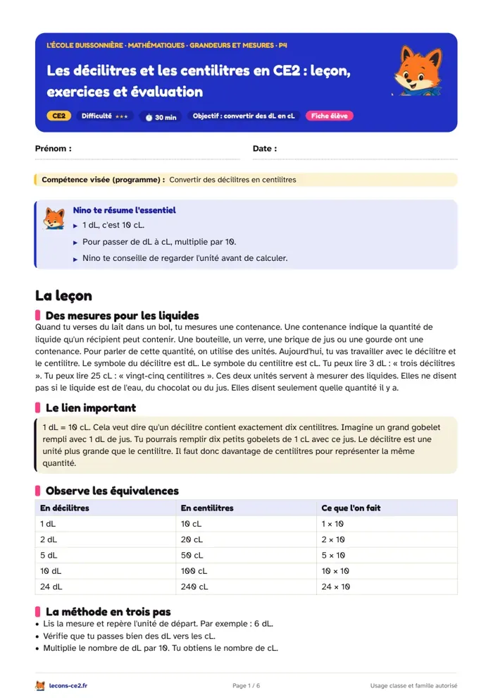 Aperçu de la fiche « Convertir des décilitres en centilitres en CE2 : leçon, exercices et évaluation » en PDF