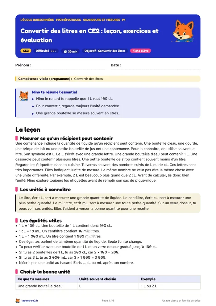 Aperçu de la fiche « Convertir des litres en CE2 : leçon, exercices et évaluation » en PDF