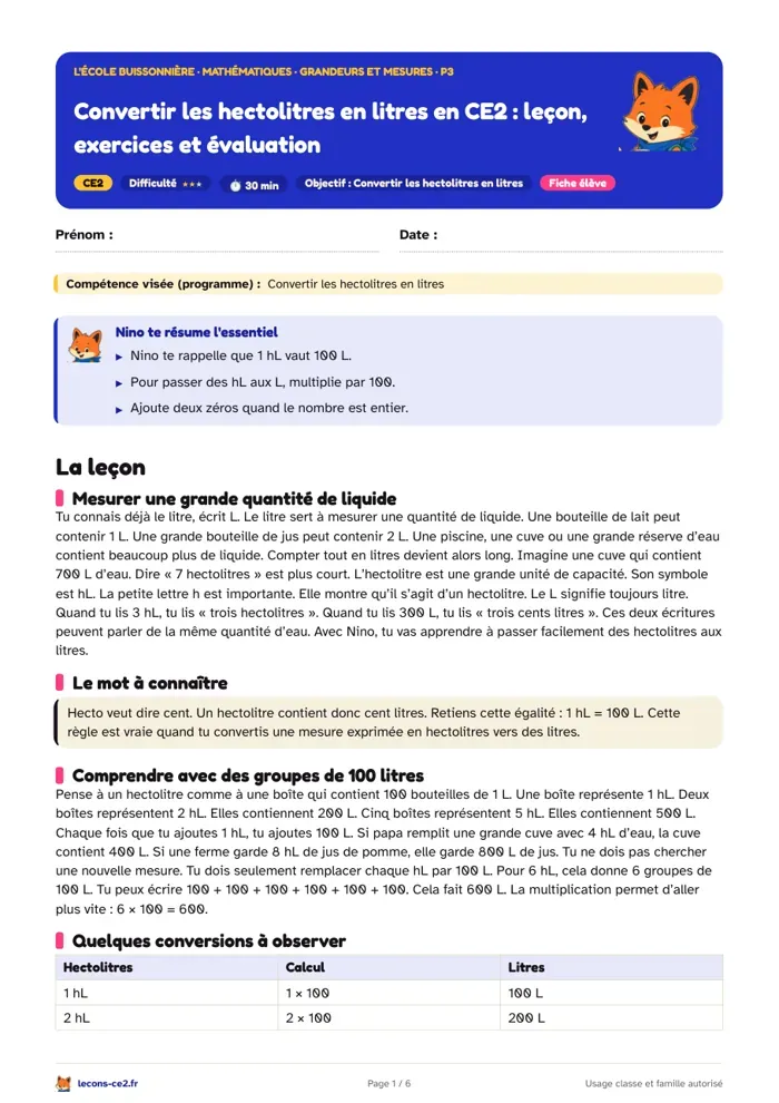 Aperçu de la fiche « Convertir les hectolitres en litres en CE2 : leçon, exercices et évaluation » en PDF