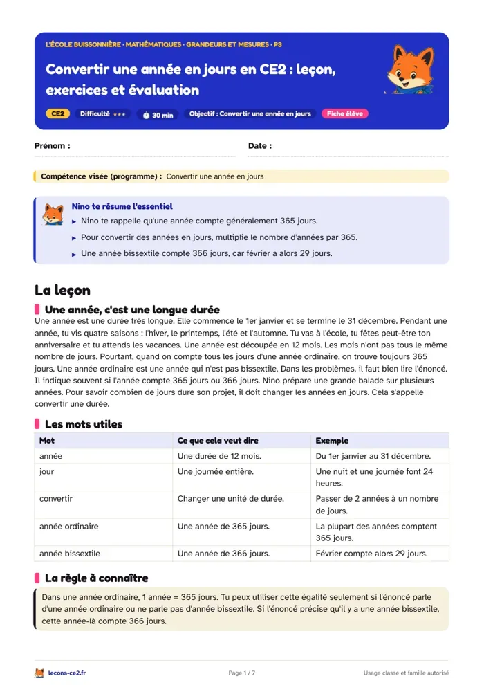 Aperçu de la fiche « Convertir une année en jours en CE2 : leçon, exercices et évaluation » en PDF