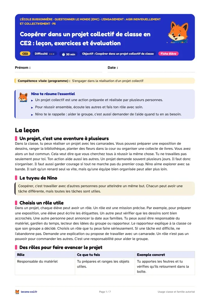 Aperçu de la fiche « Coopérer dans un projet collectif de classe en CE2 : leçon, exercices et évaluation » en PDF