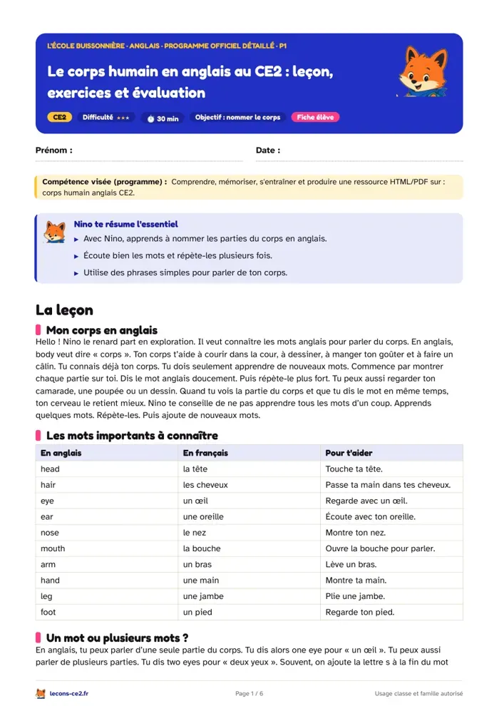 Aperçu de la fiche « Le corps humain en anglais au CE2 : leçon, exercices et évaluation » en PDF