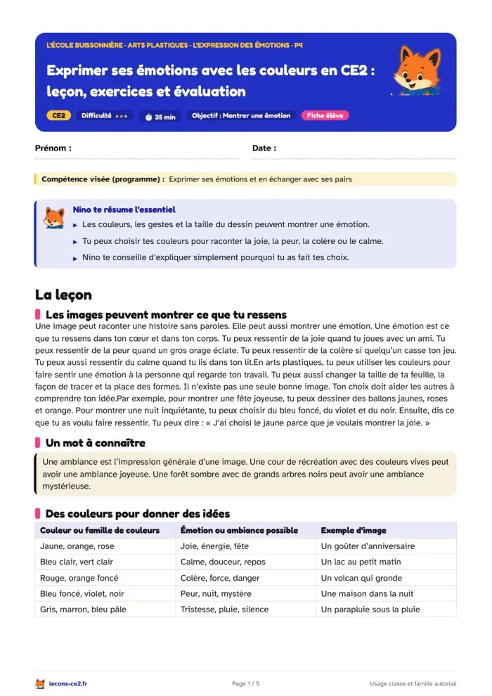Aperçu de la fiche « Exprimer ses émotions avec les couleurs en CE2 : leçon, exercices et évaluation » en PDF