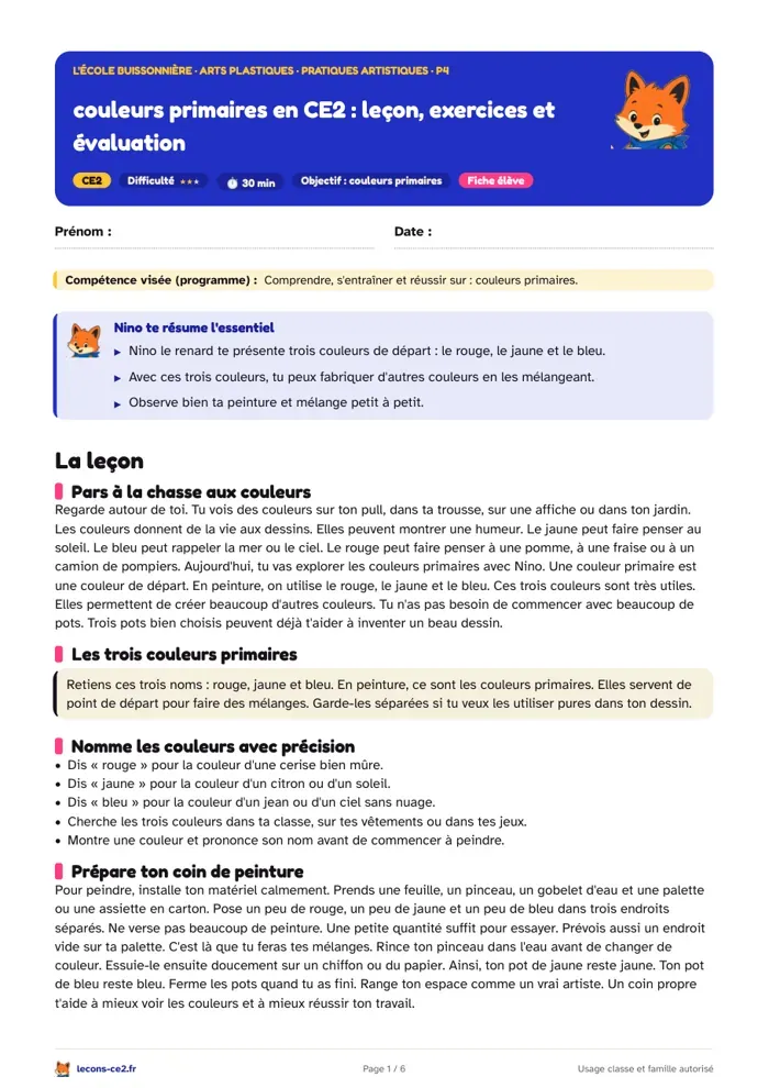 Aperçu de la fiche « Couleurs primaires en CE2 : leçon, exercices et évaluation » en PDF