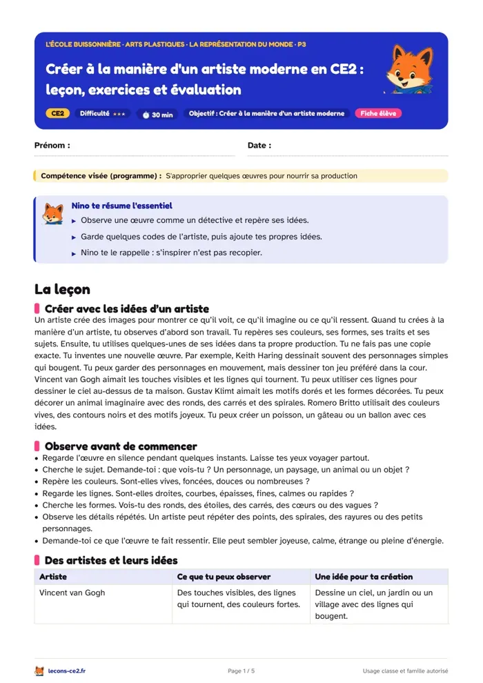 Aperçu de la fiche « Créer à la manière d'un artiste moderne en CE2 : leçon, exercices et évaluation » en PDF