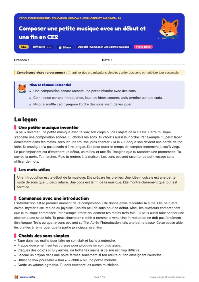Aperçu de la fiche « Composer une petite musique avec un début et une fin en CE2 » en PDF