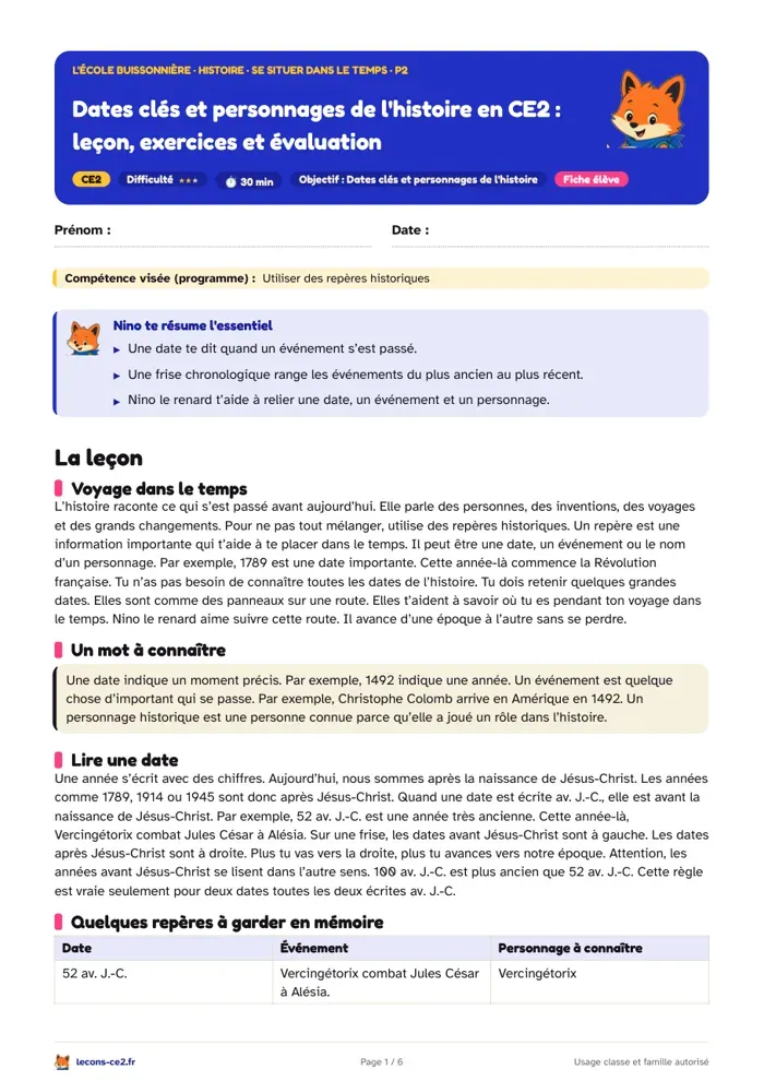 Aperçu de la fiche « Dates clés et personnages de l'histoire en CE2 : leçon, exercices et évaluation » en PDF