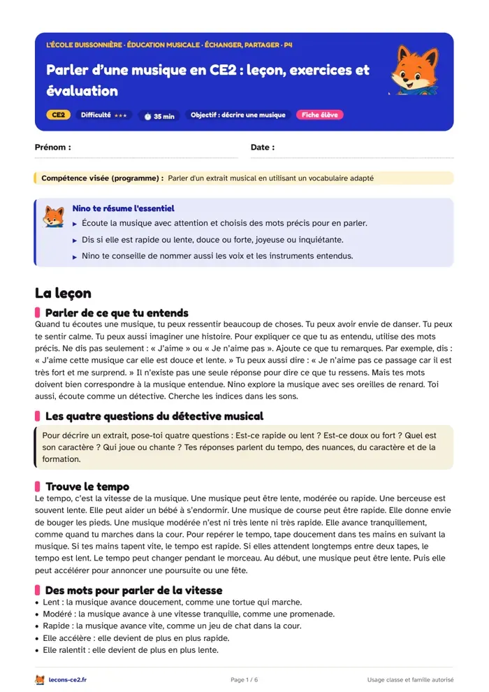 Aperçu de la fiche « Parler d’une musique en CE2 : leçon, exercices et évaluation » en PDF