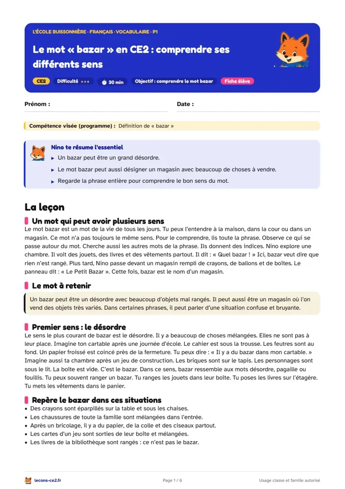 Aperçu de la fiche « Le mot « bazar » en CE2 : comprendre ses différents sens » en PDF