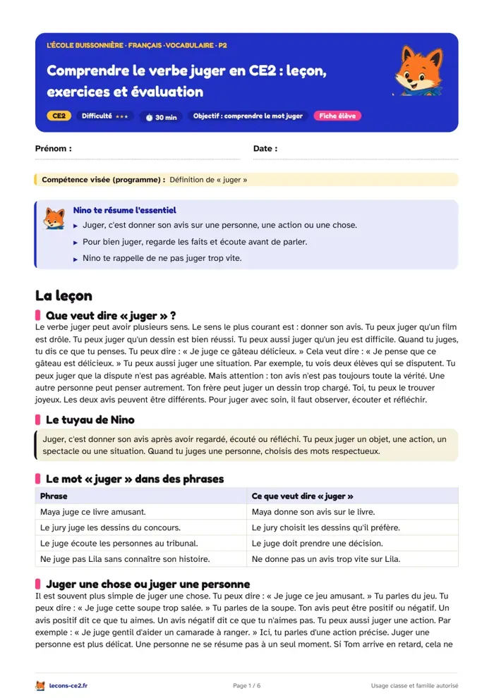 Aperçu de la fiche « Comprendre le verbe juger en CE2 : leçon, exercices et évaluation » en PDF
