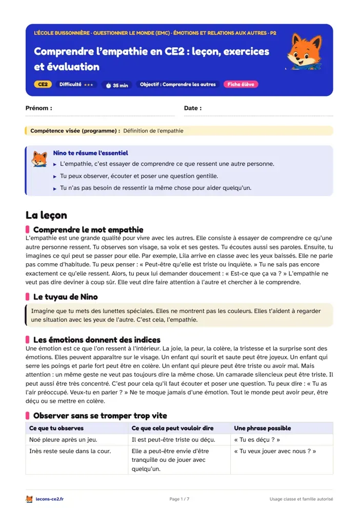 Aperçu de la fiche « Comprendre l’empathie en CE2 : leçon, exercices et évaluation » en PDF