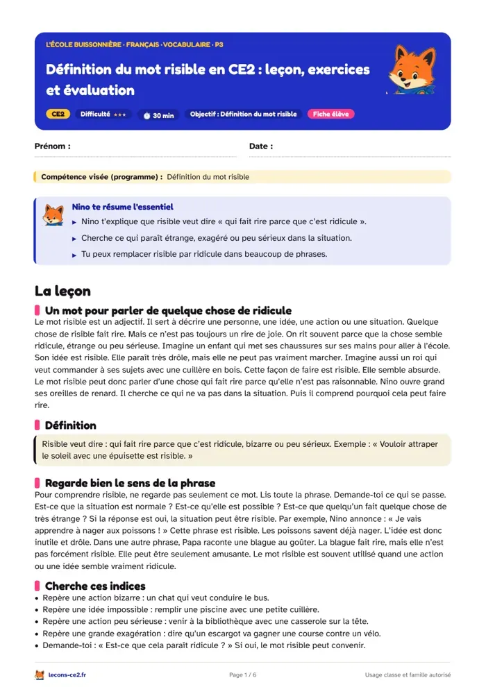 Aperçu de la fiche « Définition du mot risible en CE2 : leçon, exercices et évaluation » en PDF
