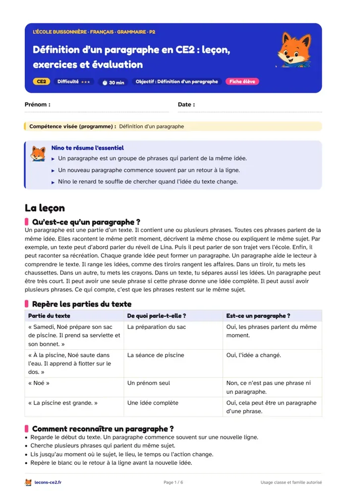Aperçu de la fiche « Définition d’un paragraphe en CE2 : leçon, exercices et évaluation » en PDF