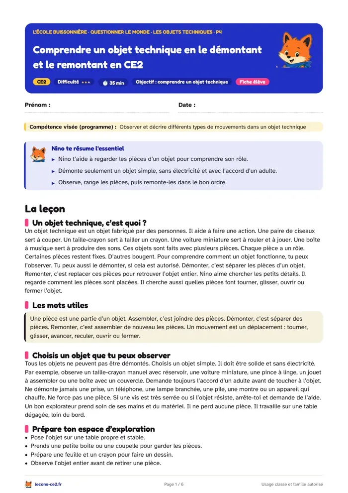 Aperçu de la fiche « Comprendre un objet technique en le démontant et le remontant en CE2 » en PDF