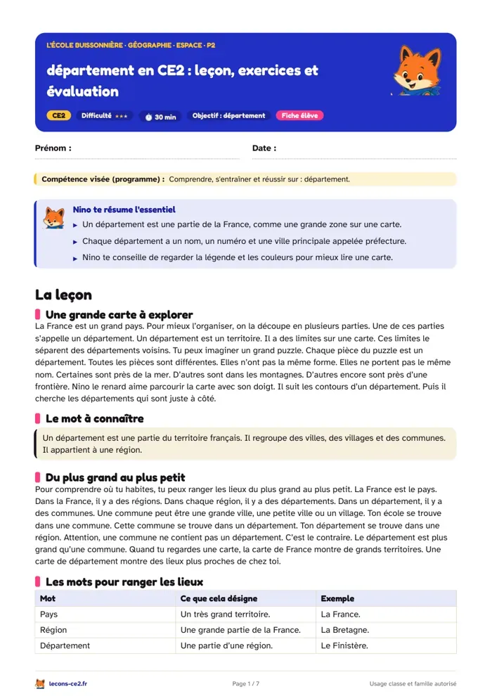 Aperçu de la fiche « Département en CE2 : leçon, exercices et évaluation » en PDF