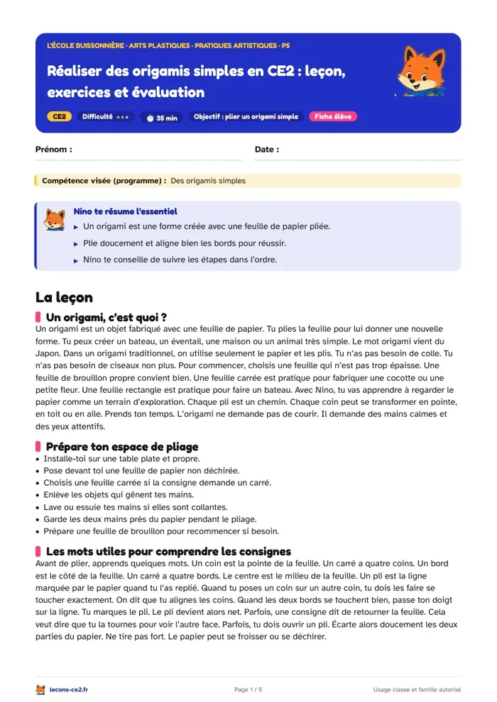 Aperçu de la fiche « Réaliser des origamis simples en CE2 : leçon, exercices et évaluation » en PDF