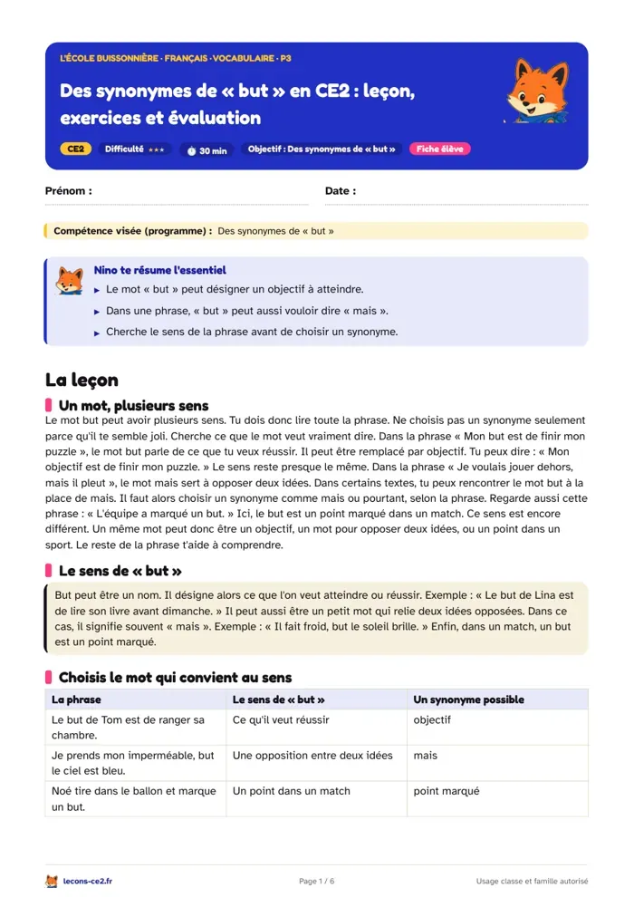 Aperçu de la fiche « Des synonymes de « but » en CE2 : leçon, exercices et évaluation » en PDF