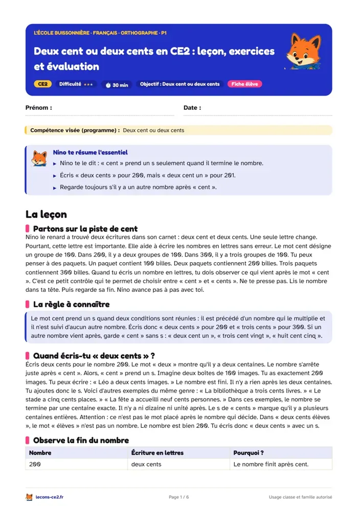 Aperçu de la fiche « Deux cent ou deux cents en CE2 : leçon, exercices et évaluation » en PDF
