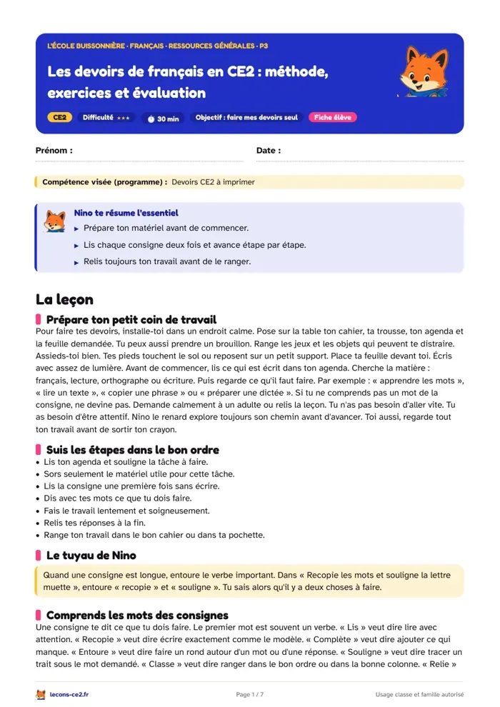 Aperçu de la fiche « Les devoirs de français en CE2 : méthode, exercices et évaluation » en PDF