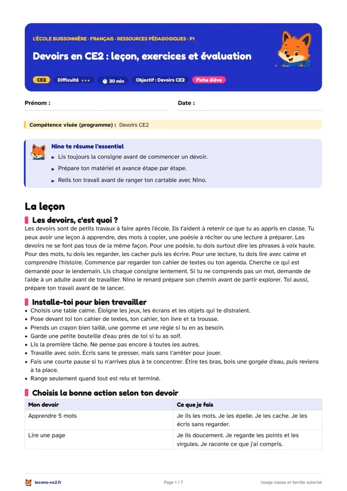 Aperçu de la fiche « Devoirs en CE2 : leçon, exercices et évaluation » en PDF