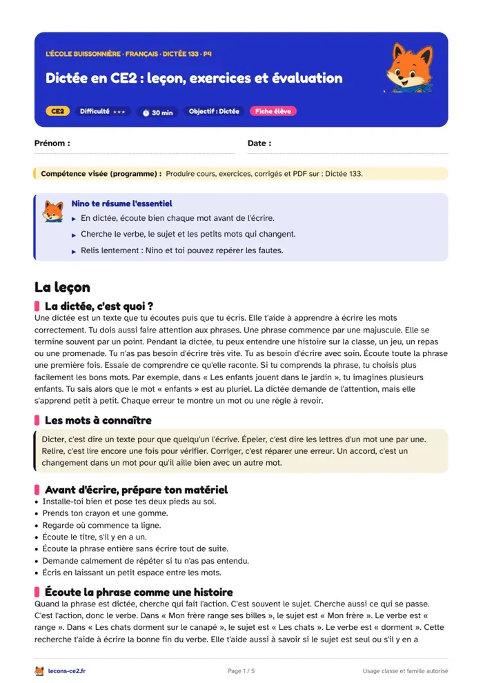 Aperçu de la fiche « Dictée en CE2 : leçon, exercices et évaluation » en PDF