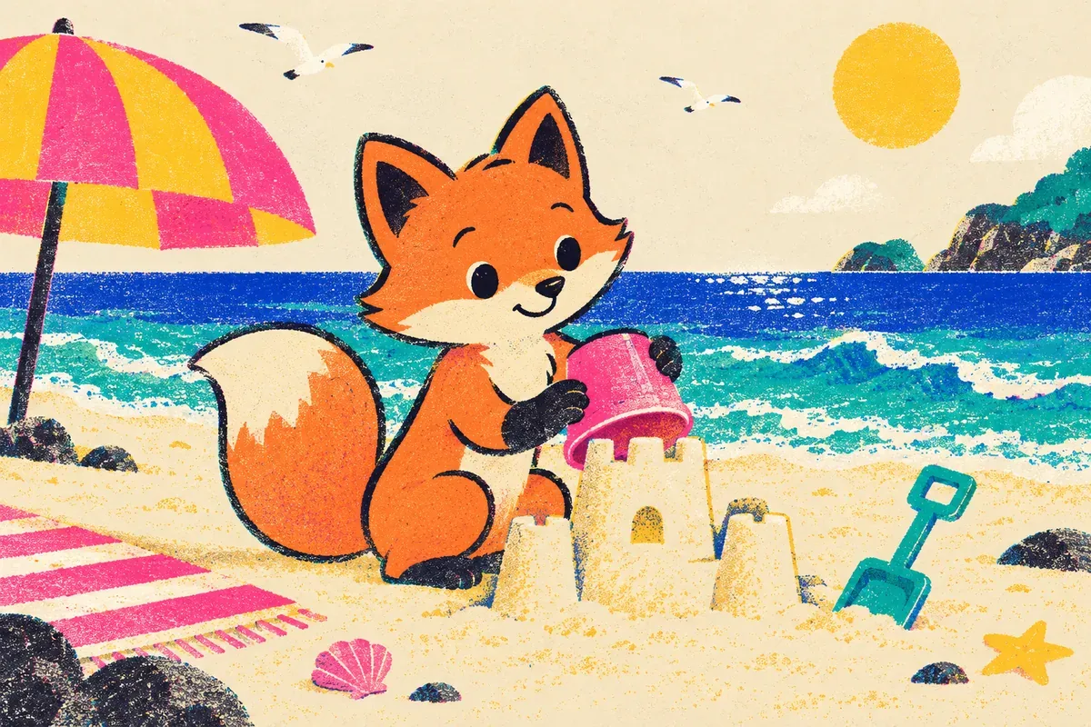 Nino le renard construit un château de sable au bord de la mer
