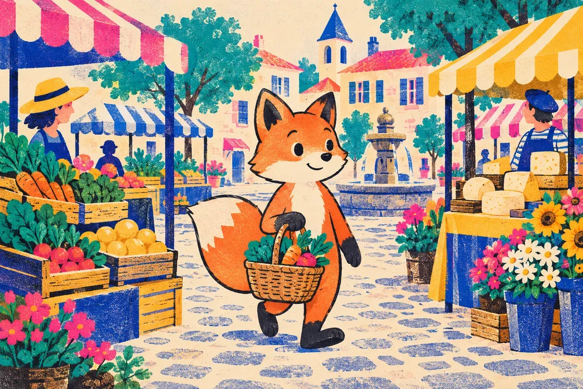 Nino le renard fait le marché du dimanche matin, panier à la main