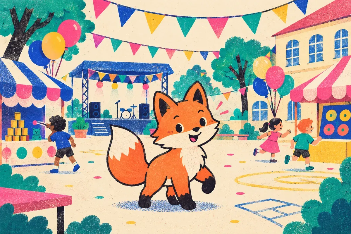 Nino le renard à la fête de fin d'année de l'école, entre fanions et ballons