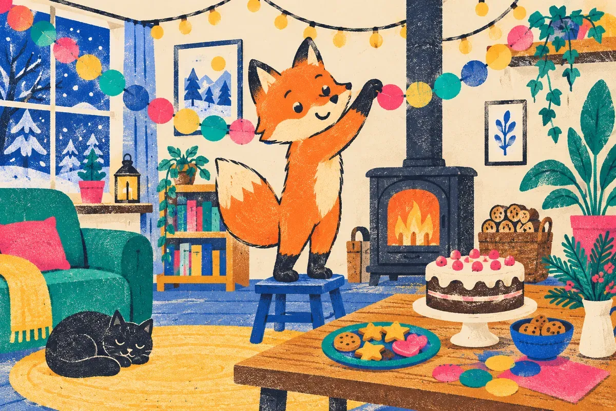 Nino le renard accroche des guirlandes pour une fête d'hiver à la maison