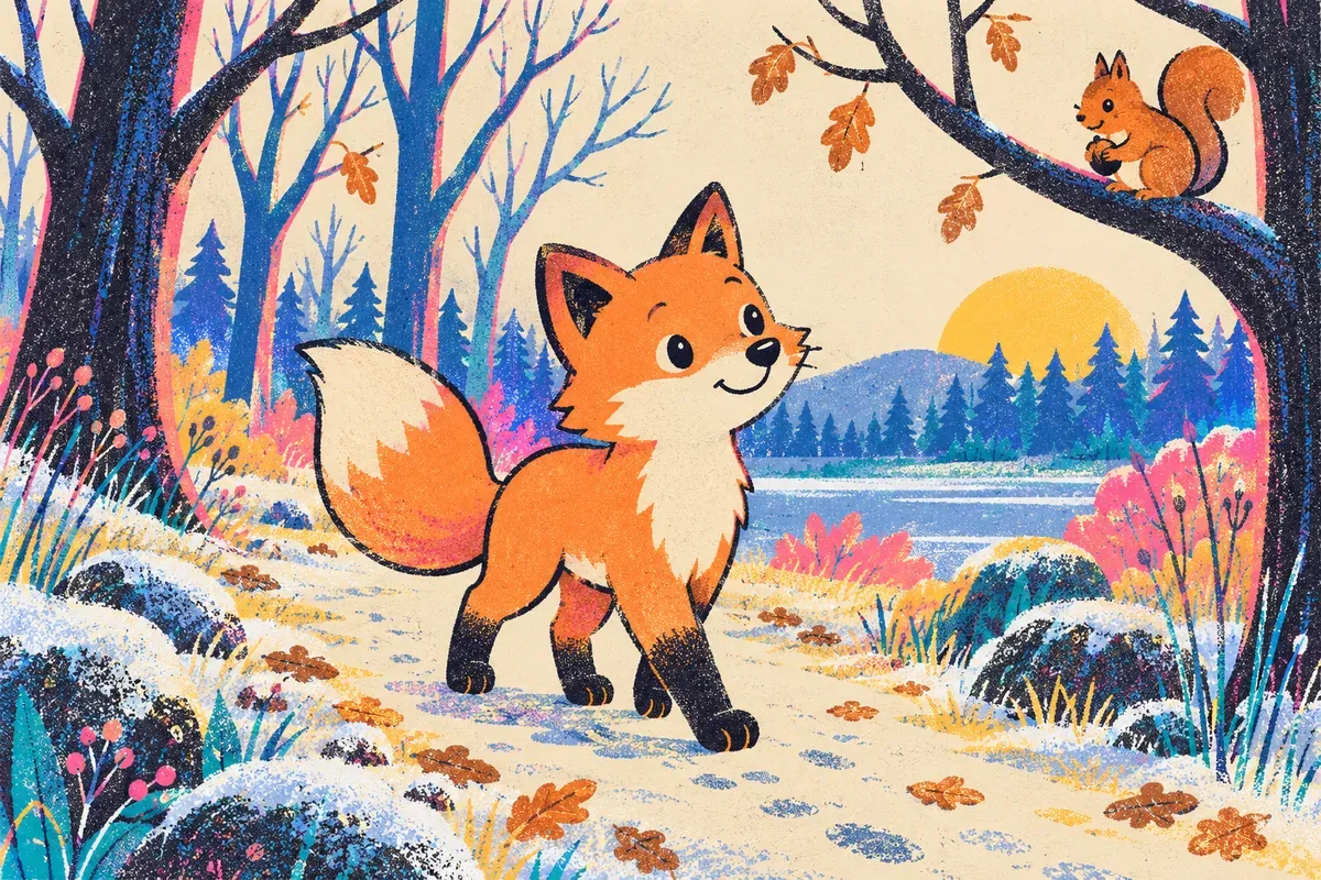 Nino le renard se promène dans la forêt au début de l'hiver