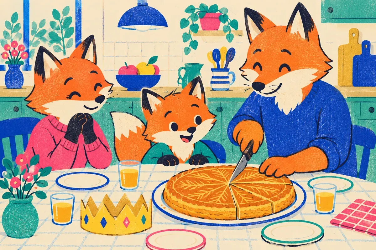 Nino le renard à table devant une galette dorée et une couronne