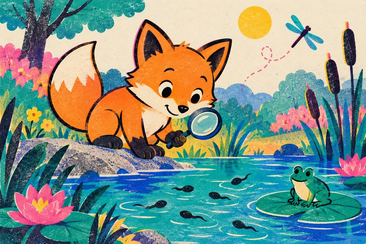Nino le renard observe des têtards à la loupe au bord de la mare