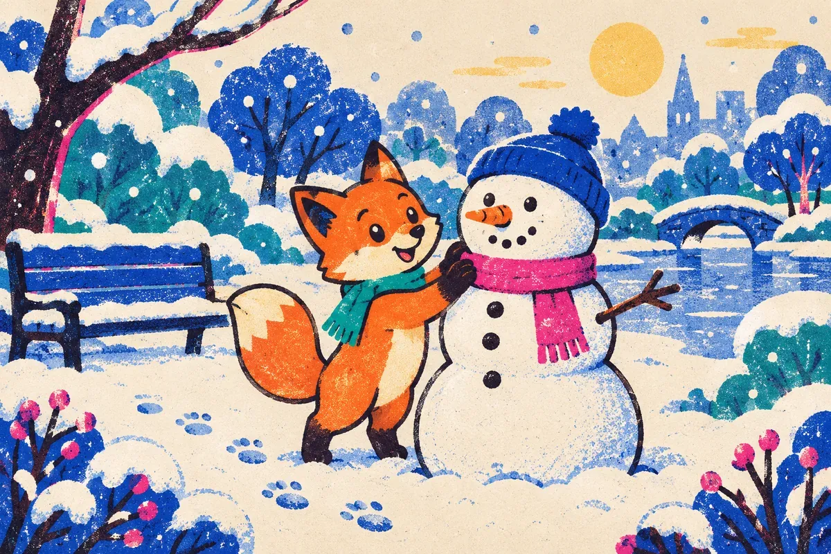 Nino le renard construit un bonhomme de neige dans un parc enneigé