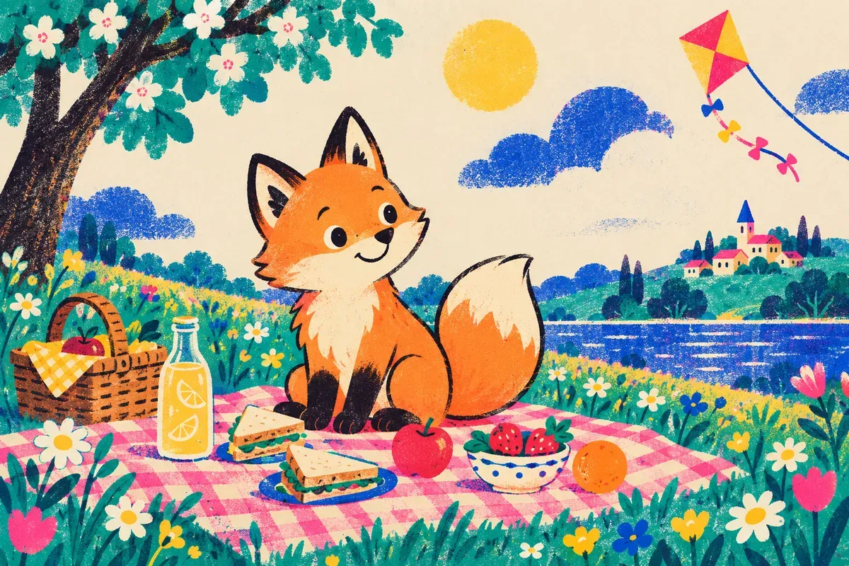 Nino le renard pique-nique sur une nappe dans un pré fleuri