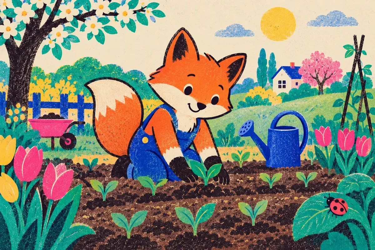 Nino le renard arrose les jeunes plants du potager au printemps