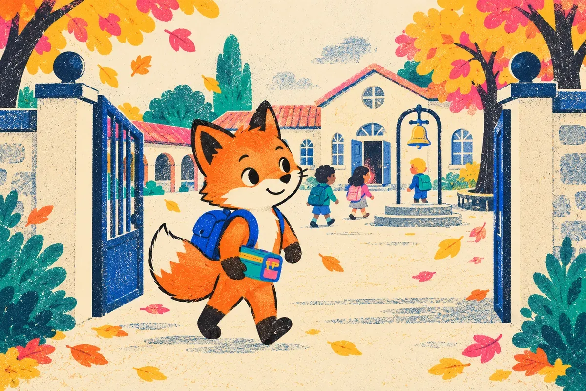 Nino le renard entre dans la cour de l'école le matin de la rentrée, cartable sur le dos