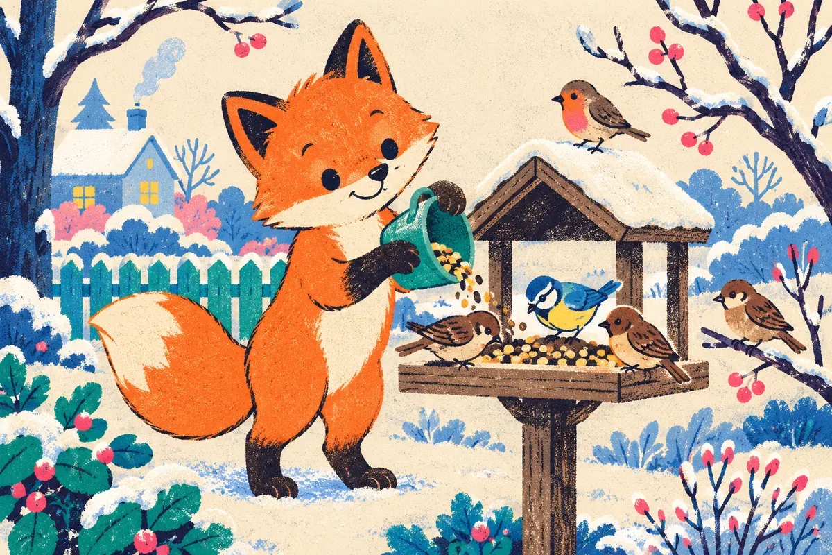 Nino le renard remplit une mangeoire pour les oiseaux du jardin en hiver