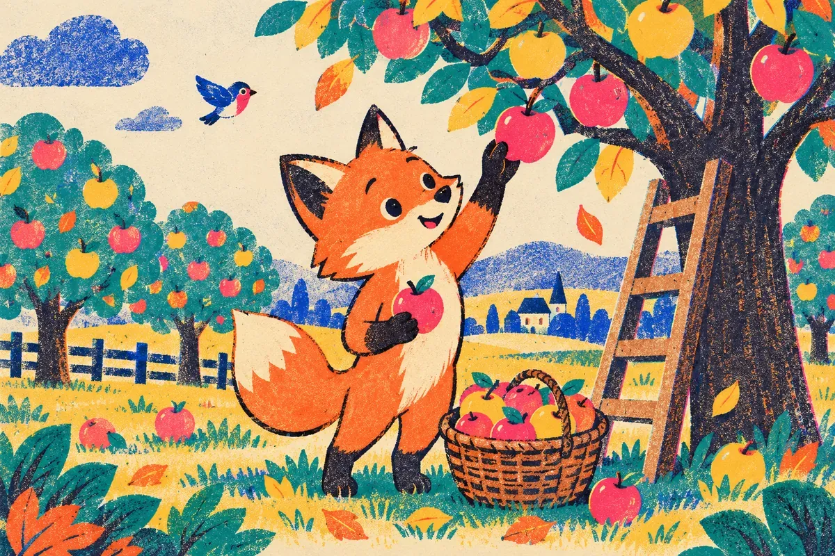 Nino le renard cueille des pommes dans un verger en automne