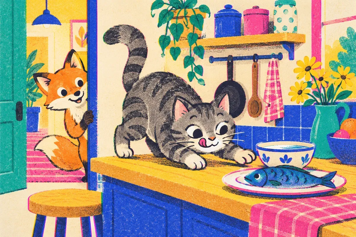 Un chat gourmand s'approche d'une assiette de poisson dans la cuisine, Nino l'observe