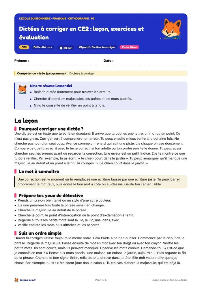 Aperçu de la fiche « Dictées à corriger en CE2 : leçon, exercices et évaluation » en PDF